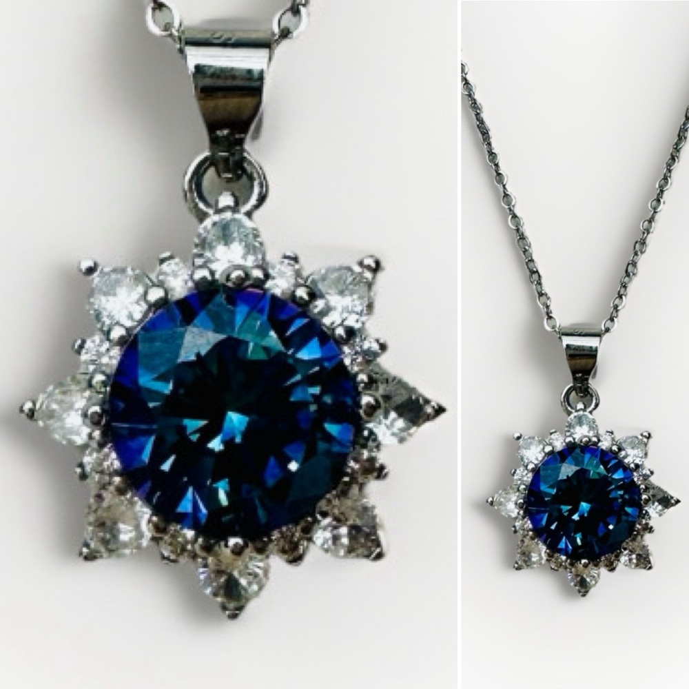 Crystal & Sterling Halo Glittering Starburst Pendant w Adjustable 925 17” Chain